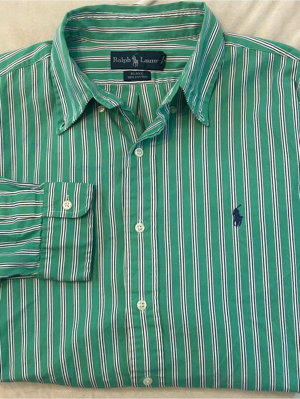 Vtg Polo Ralph Lauren Blake Shirt Mens L Green White Stripe 100% Cotton 90s Big